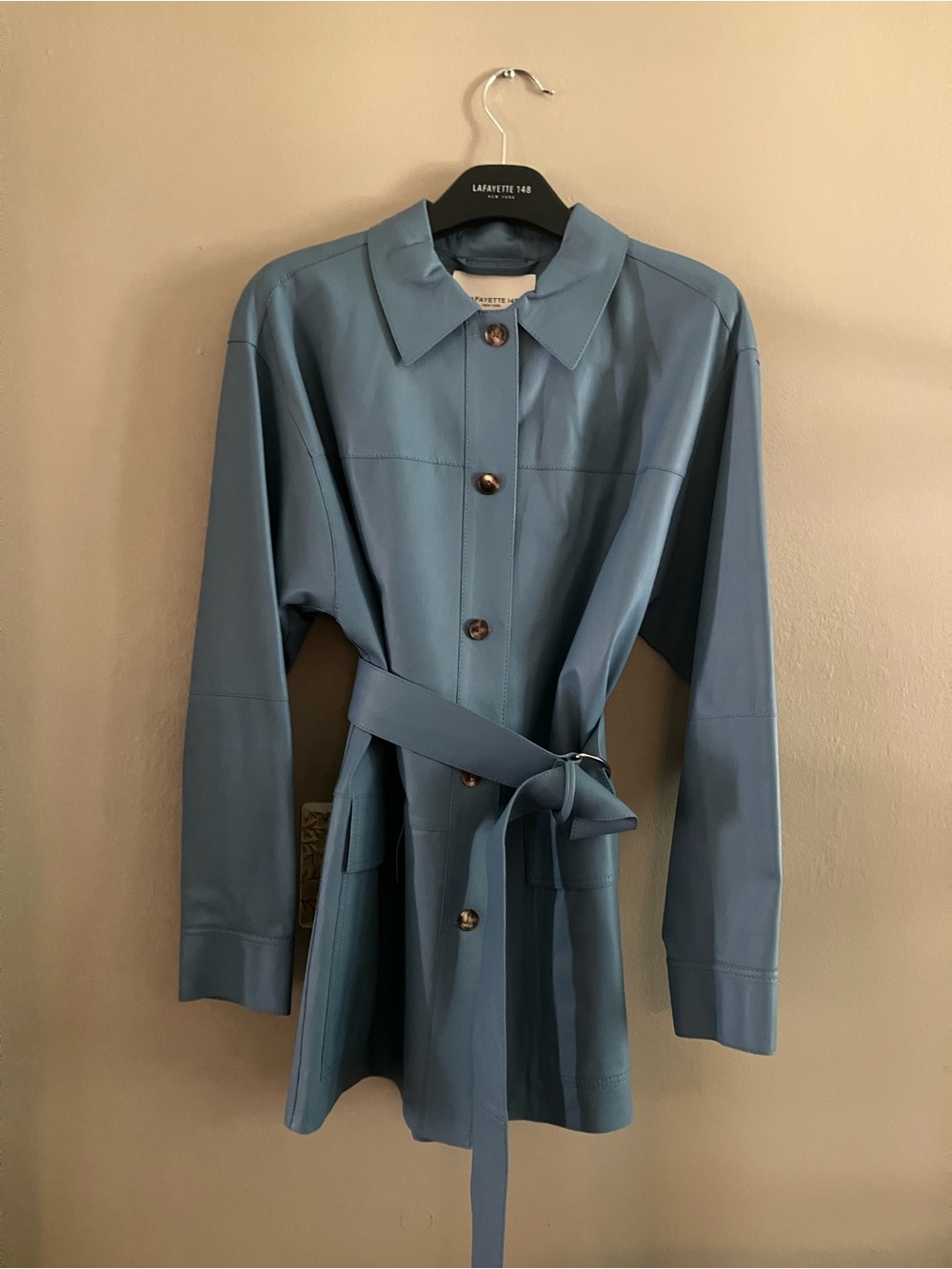NWT $1998 Lafayette 148 Ny Leather Jacket With Belt In Cypress Blue /Small